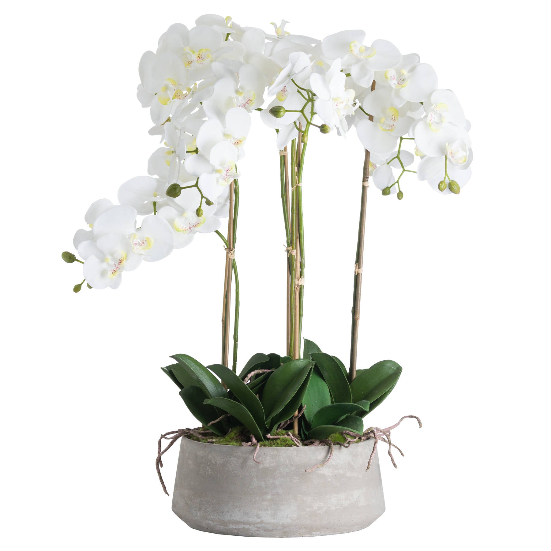 A large faux white Orchid in a stone pot 