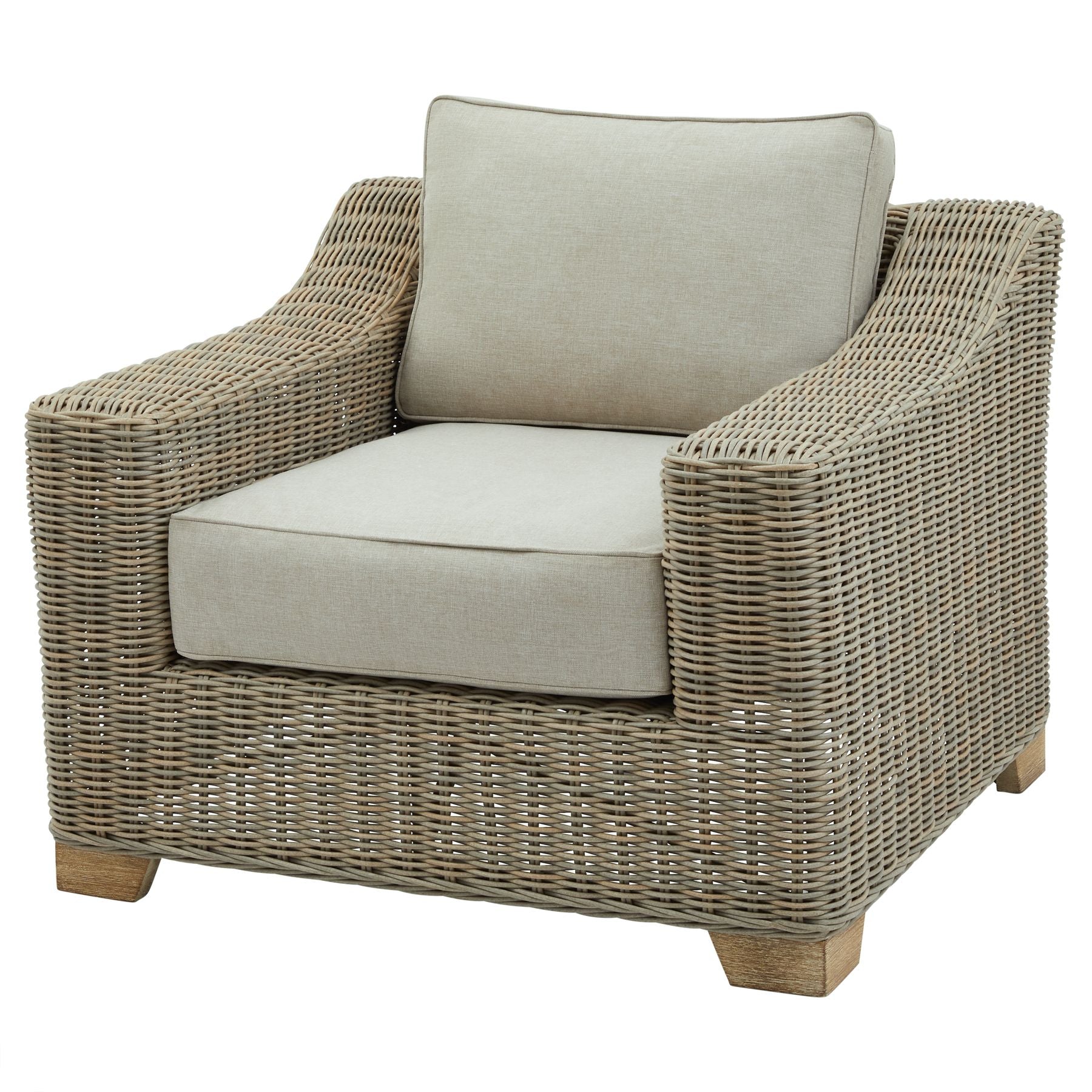 Wicker outdoor armchair with cream cushions