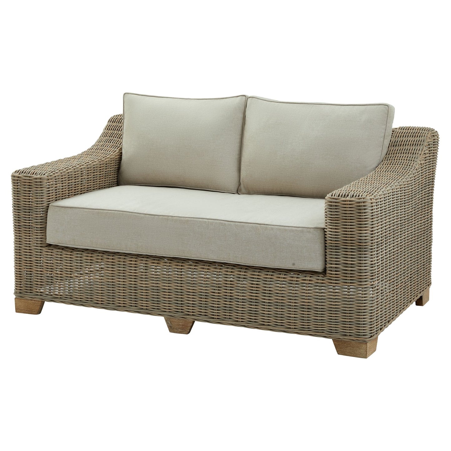 Wicker style outdoor sofa with cream cushions