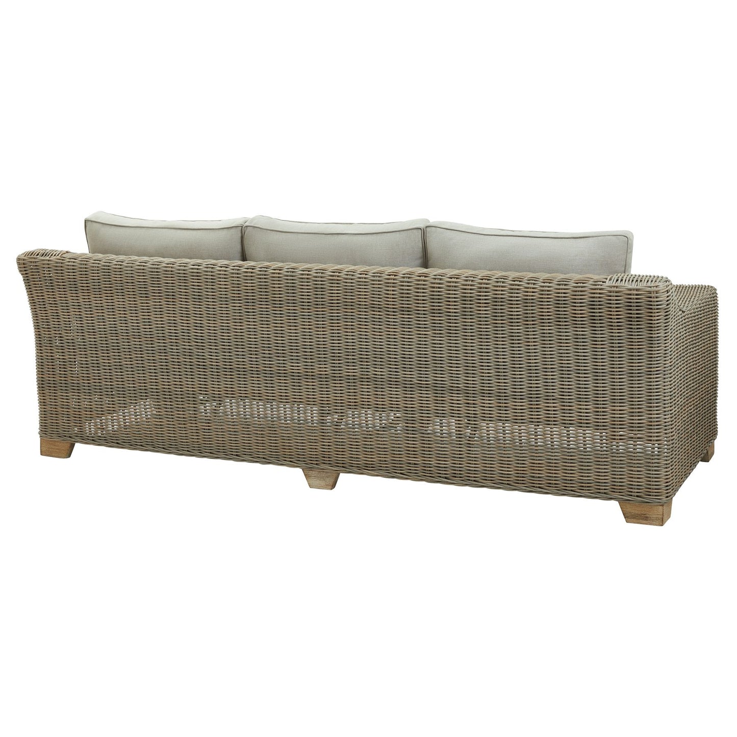 Wicker style outdoor sofa with cream cushions