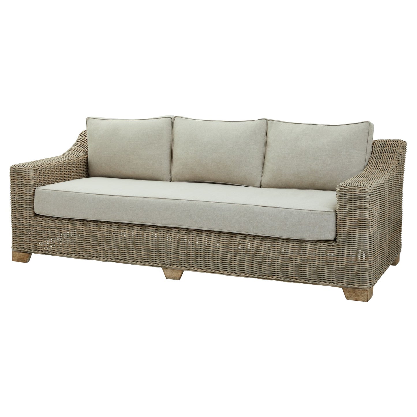 Wicker style outdoor sofa with cream cushions