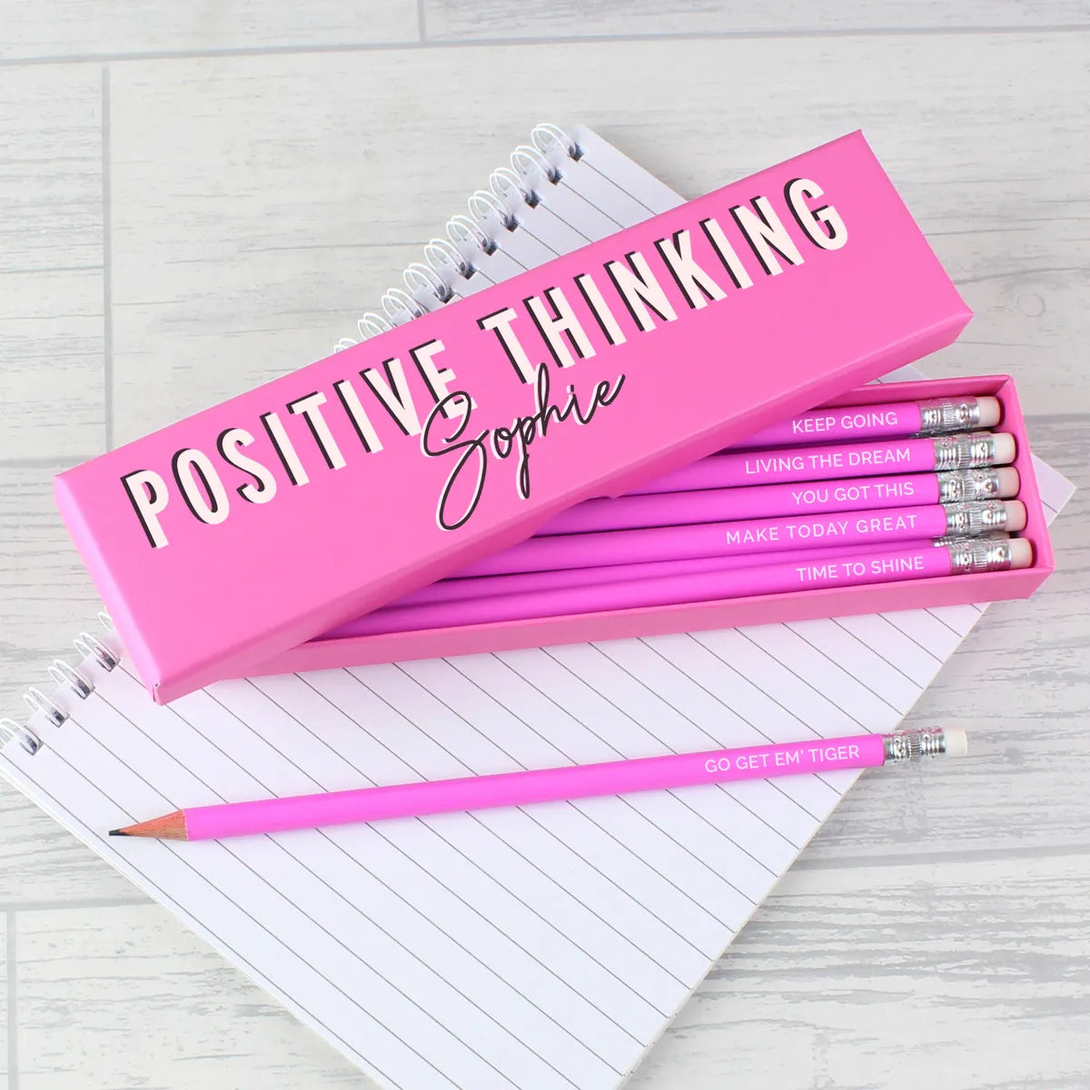 Personalised Positive Thinking Box and 12 Pink HB Pencils