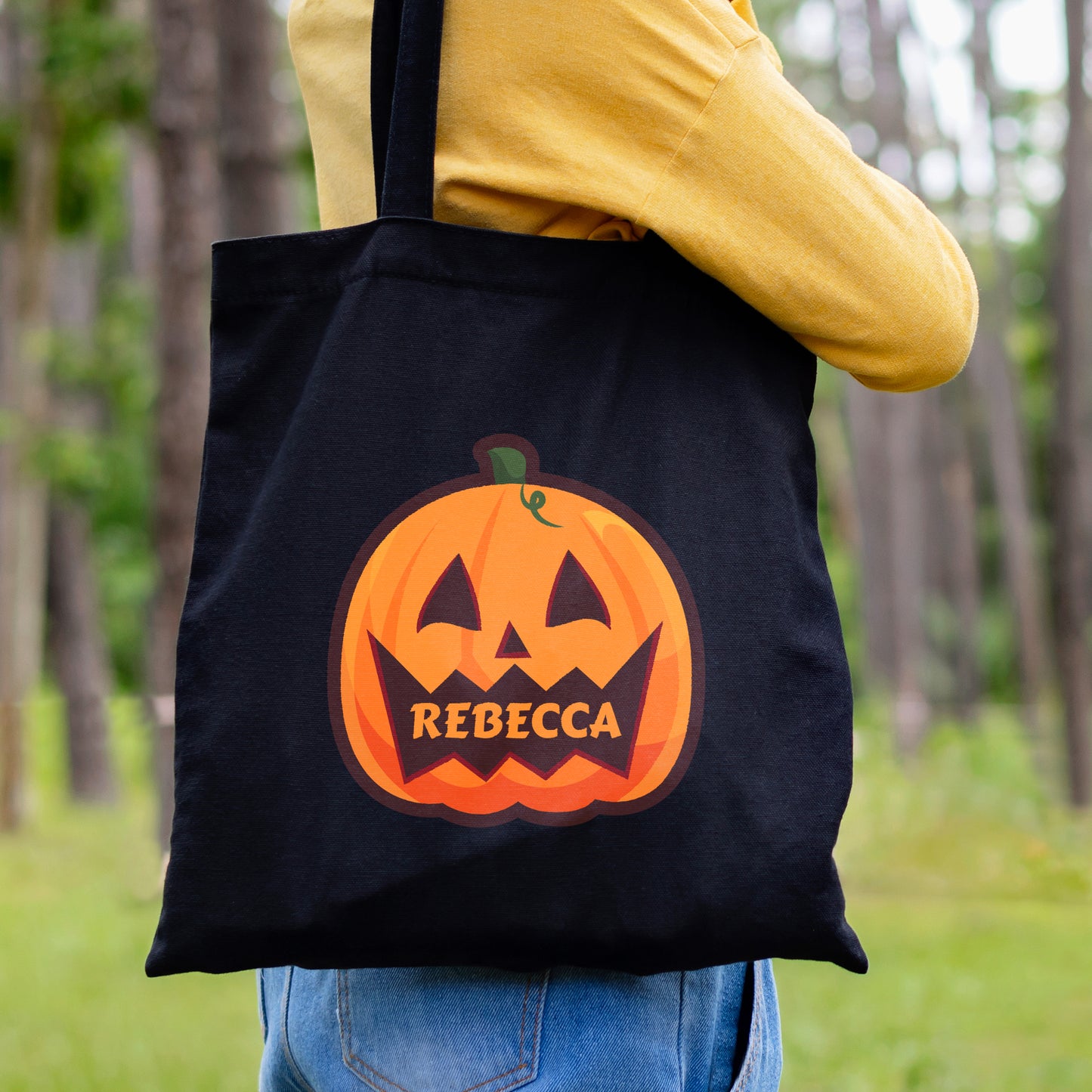 Personalised Pumpkin Halloween Treats Black Cotton Bag