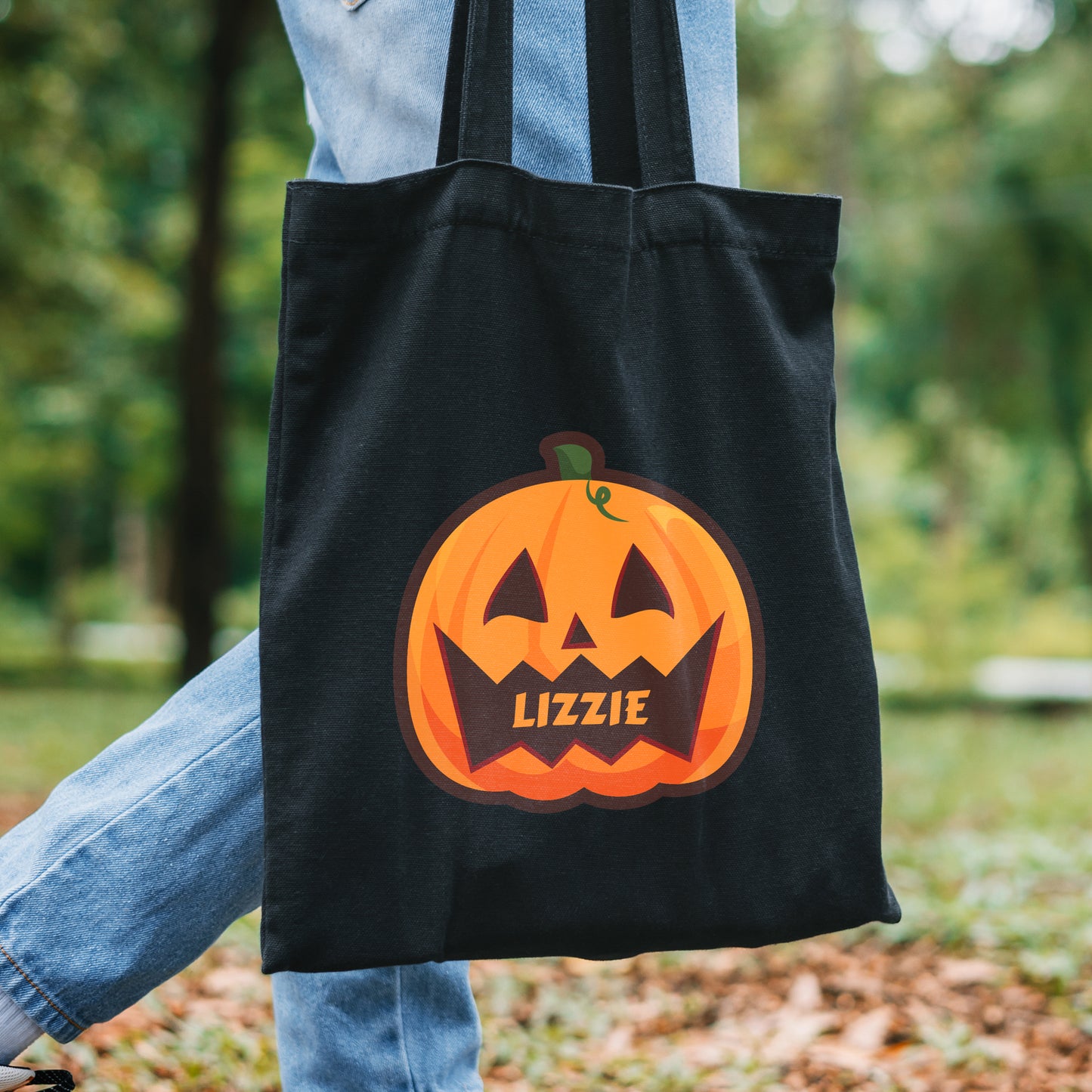 Personalised Pumpkin Halloween Treats Black Cotton Bag