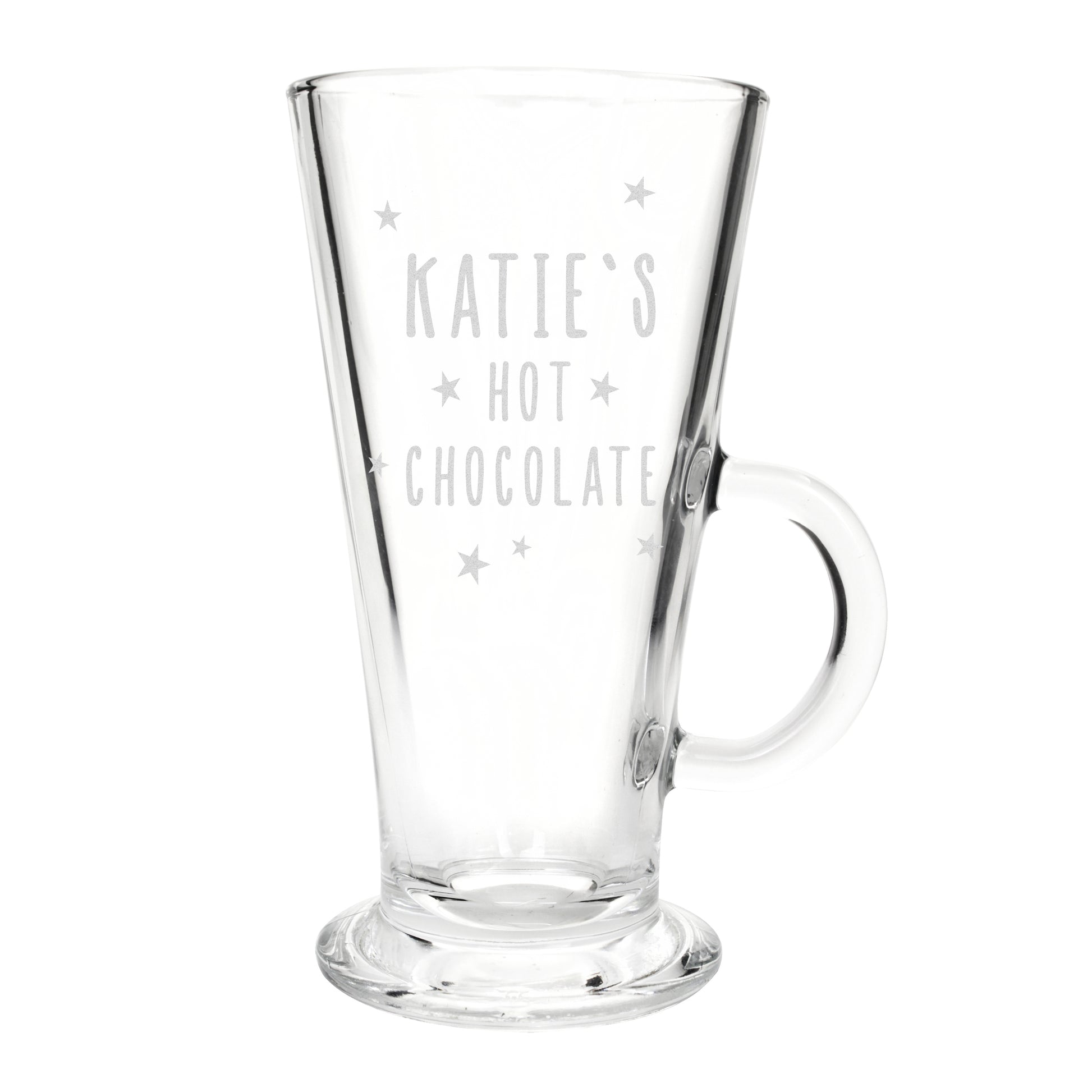 Glass hot chocolate mug personalised with a name