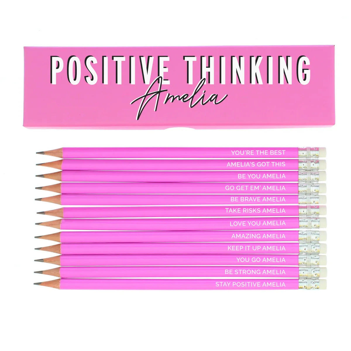 Personalised Positive Thinking Box and 12 Pink HB Pencils