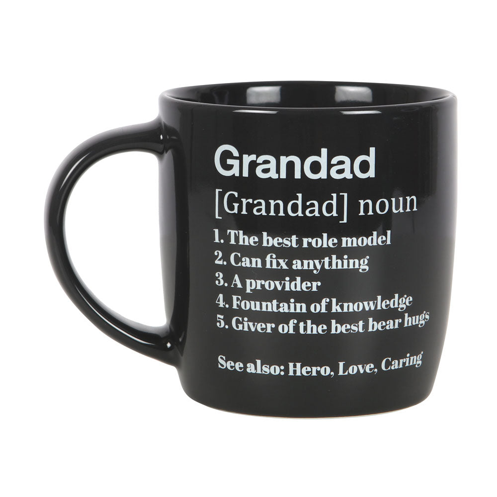 A black mug with a positive definition of the word ‘Grandad’