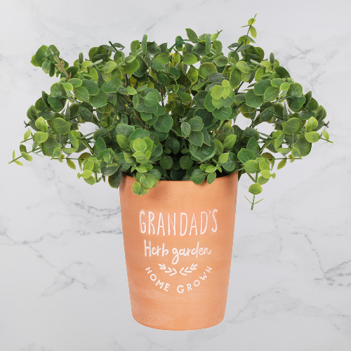 Terracotta plant pot featuring words ‘grandad’s herb garden’