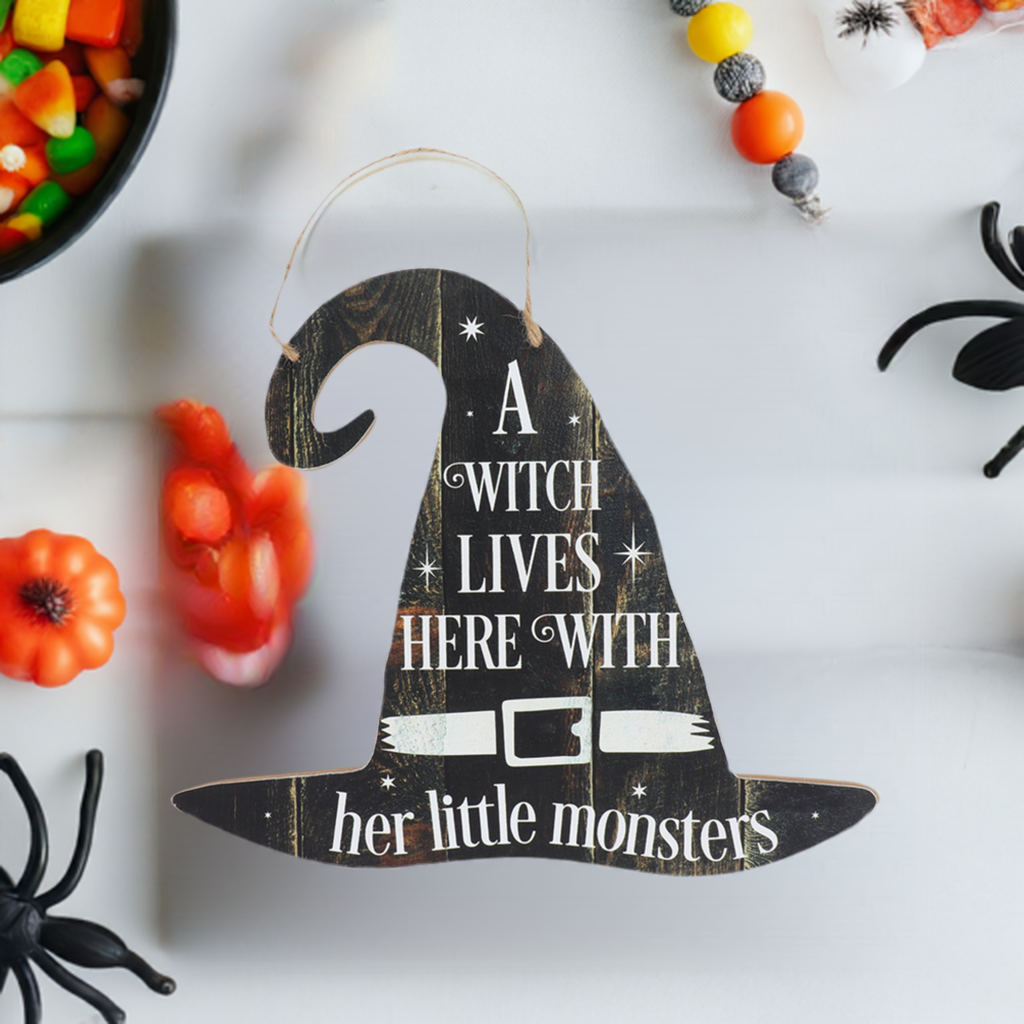 A Witch Lives Here Hanging MDF Sign