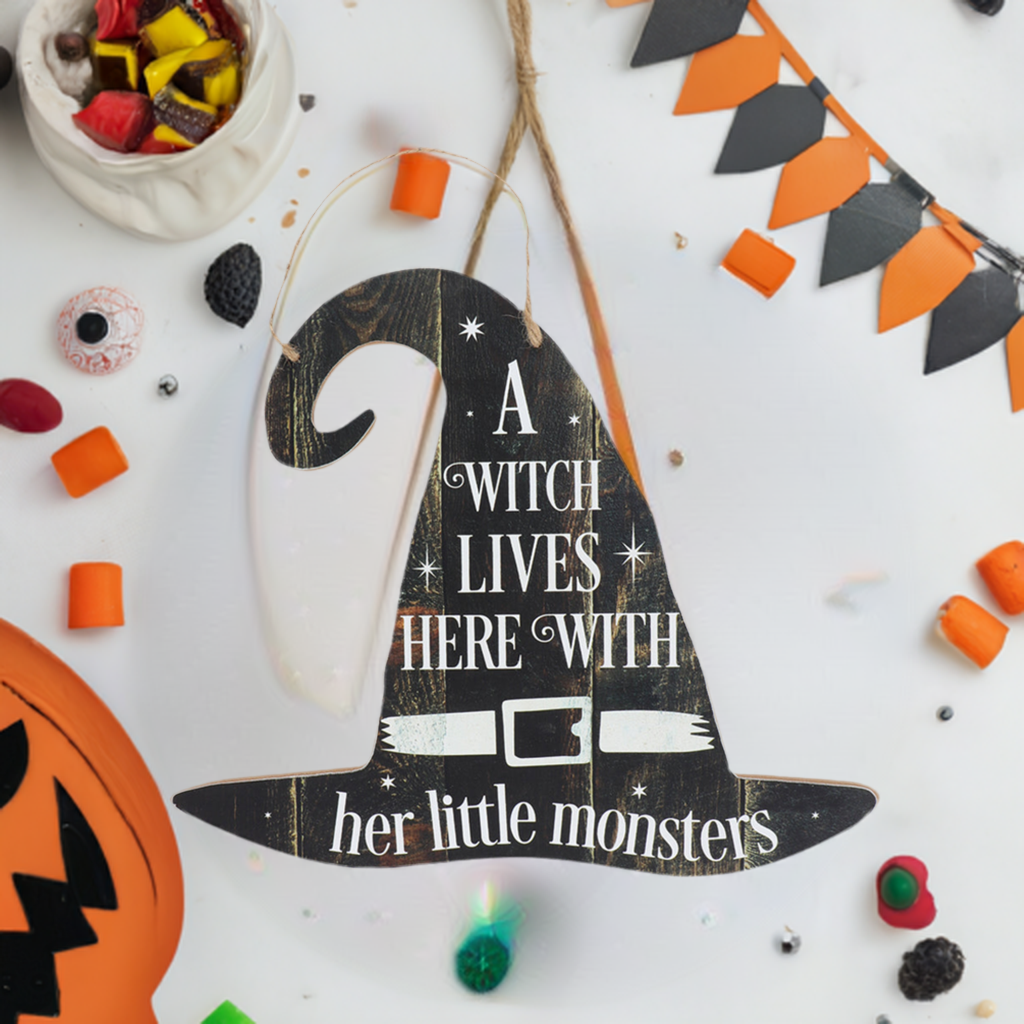 A Witch Lives Here Hanging MDF Sign