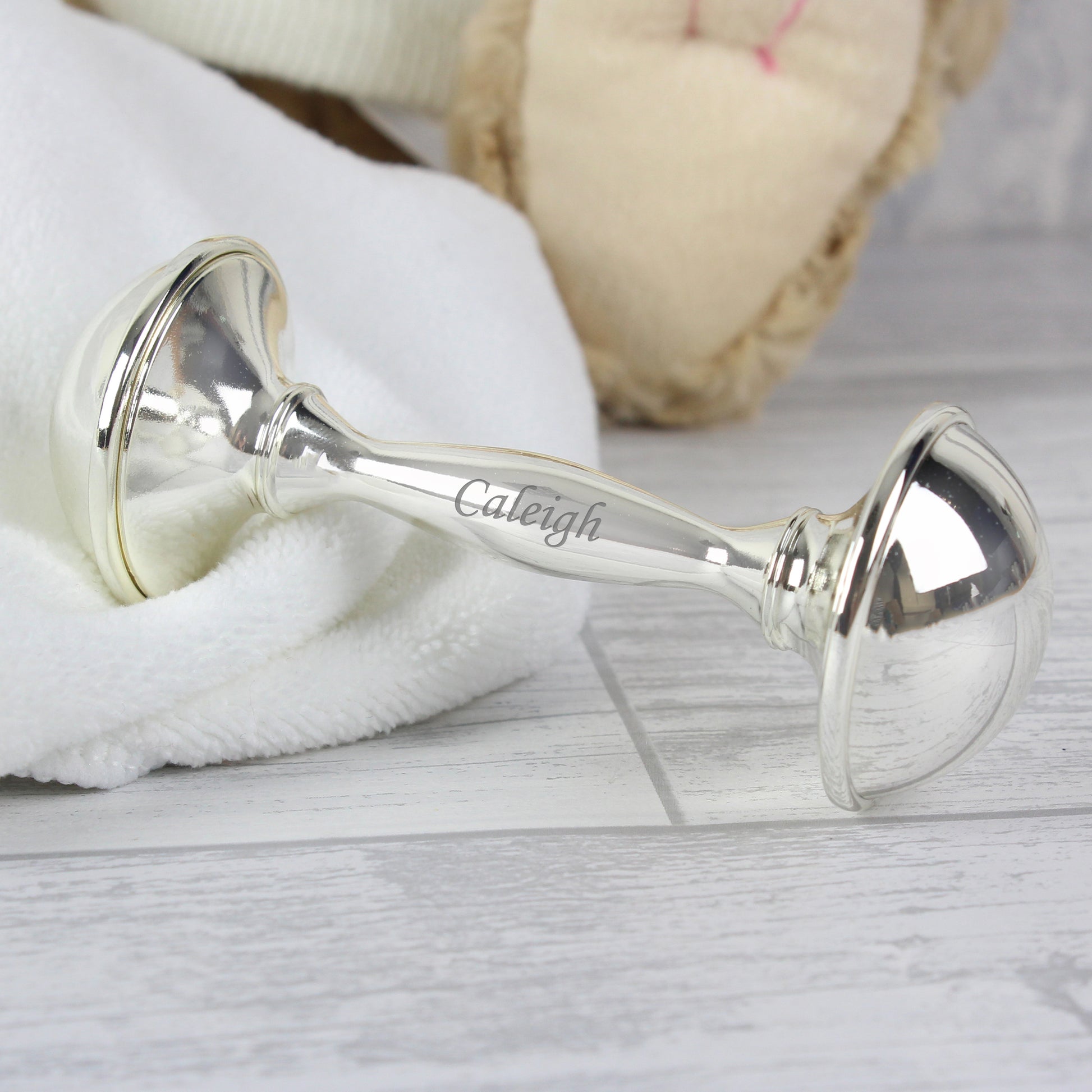 Silver finish baby rattle keepsake personalised with name