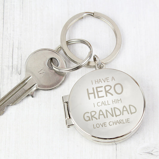 Silver keyring photo holder ‘I have a hero’