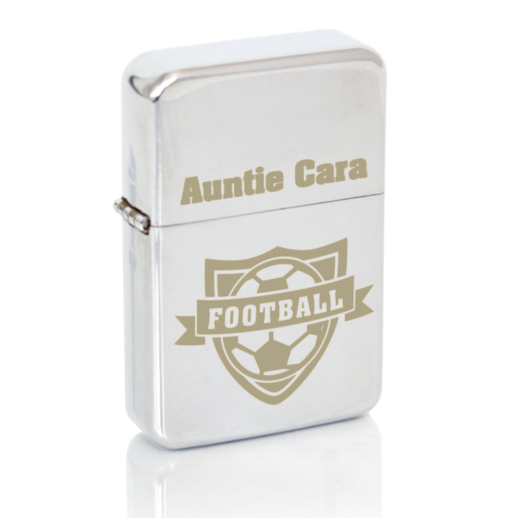 Silver colour lighter with football motif and personalised name