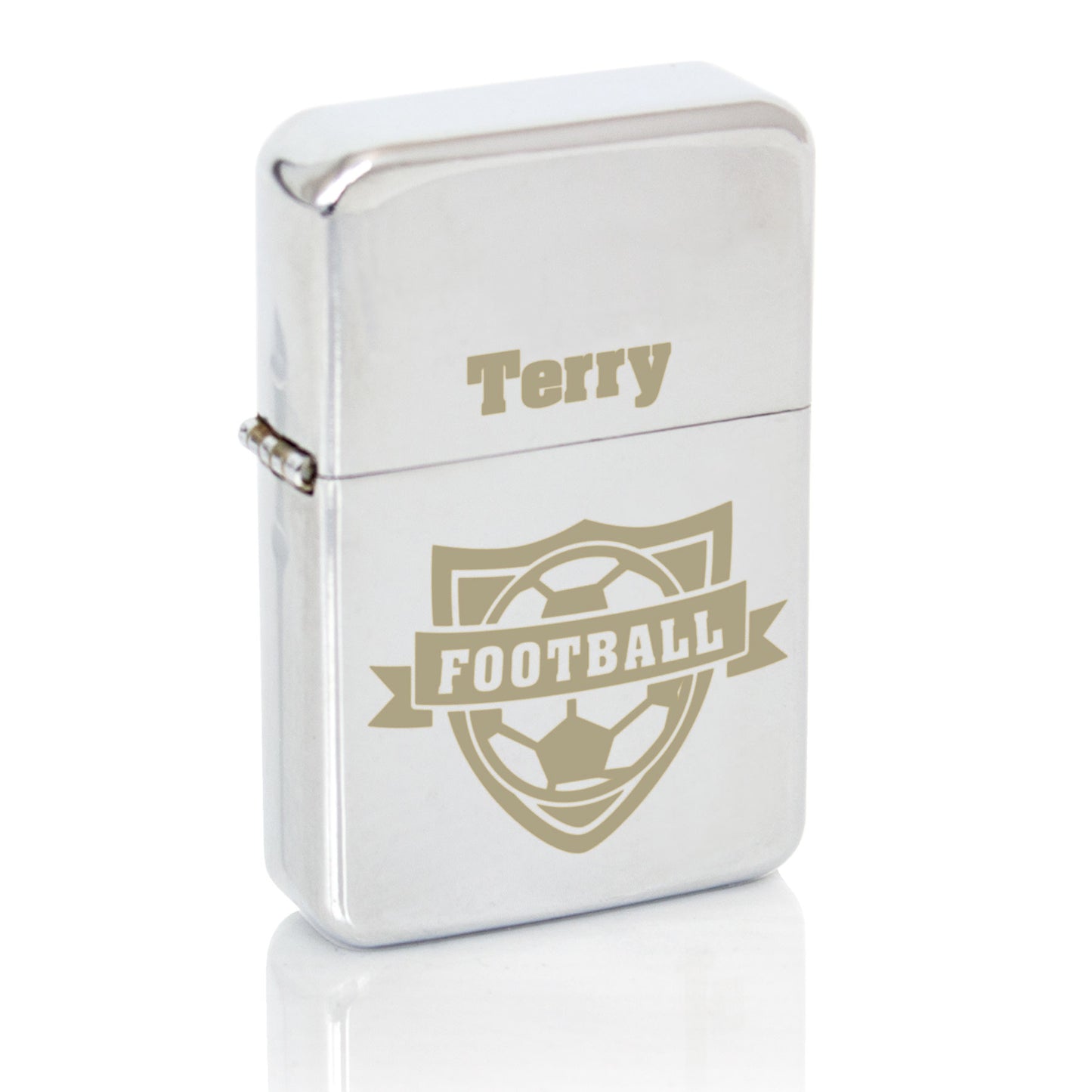 Silver colour lighter with football motif and personalised name