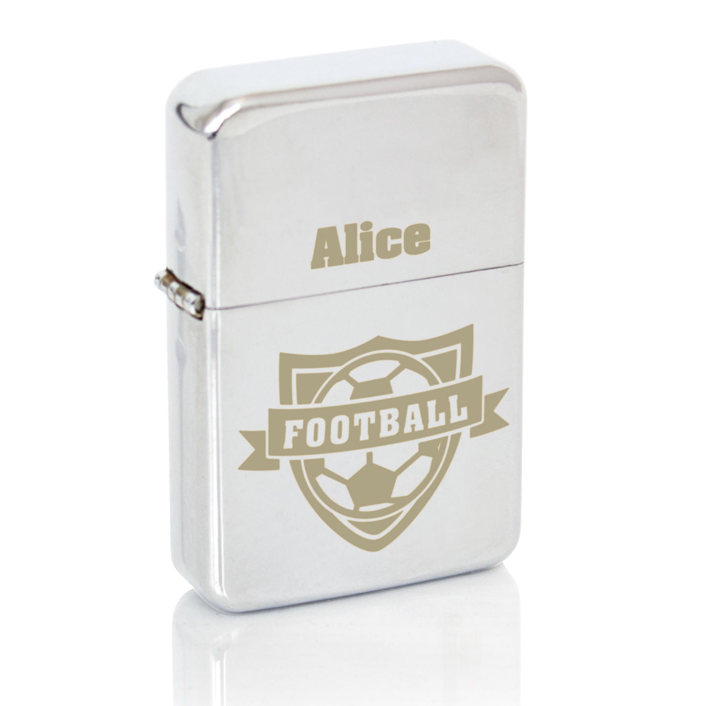 Silver colour lighter with football motif and personalised name