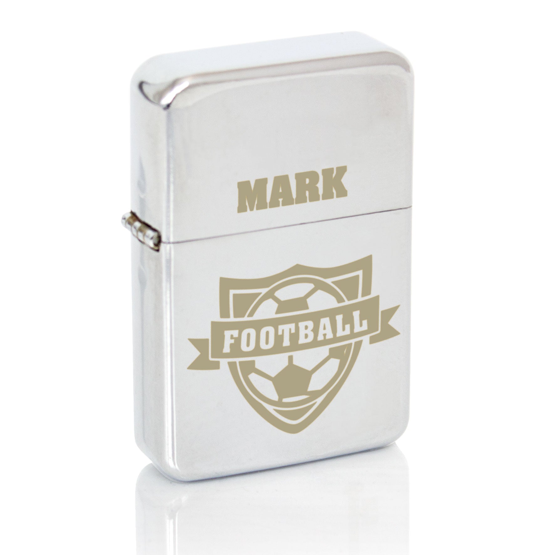 Silver colour lighter with football motif and personalised name