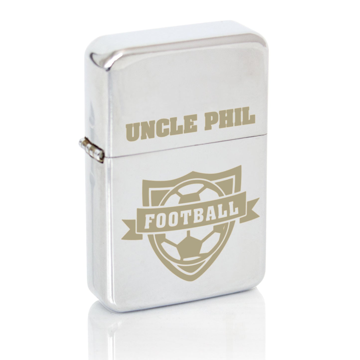 Silver colour lighter with football motif and personalised name