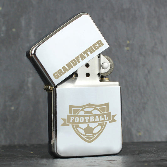 Silver colour lighter with football motif and personalised name