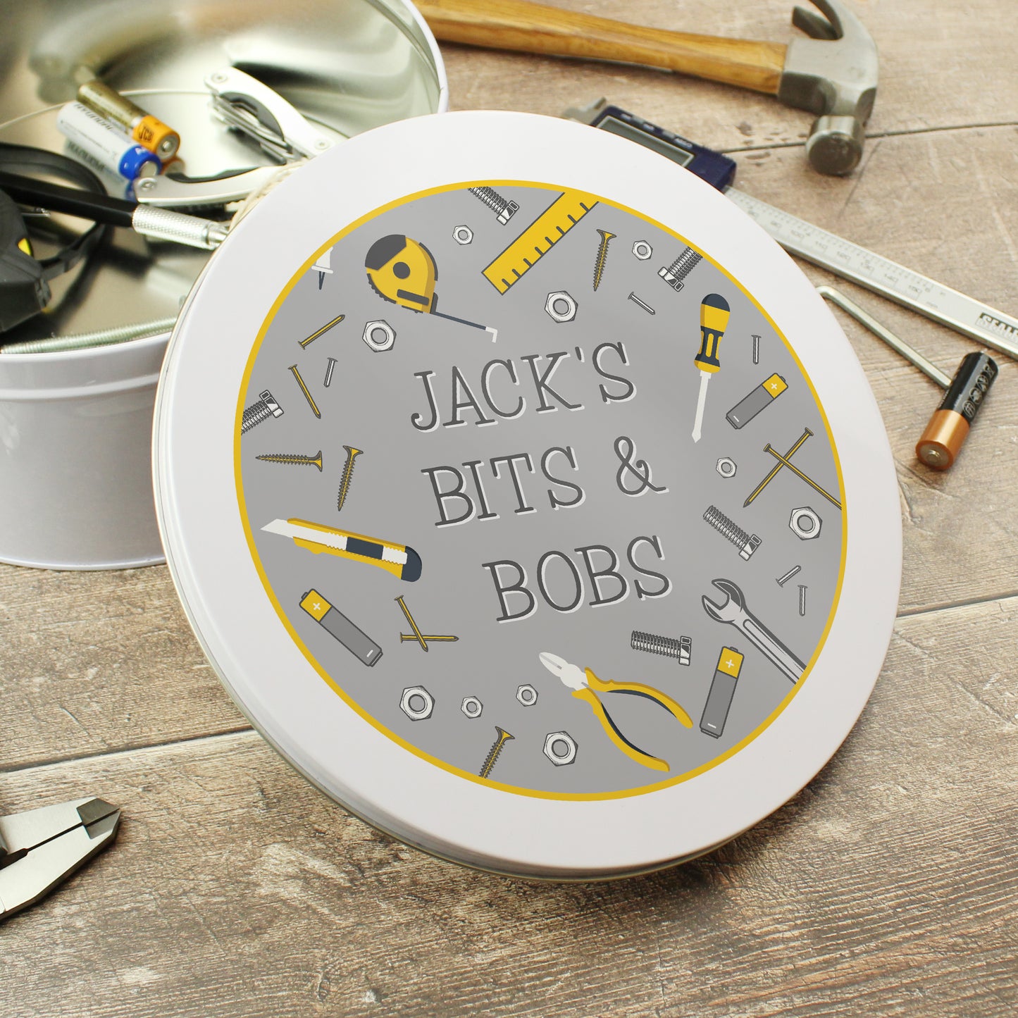 Metal tin with words ‘jacks bits & bobs’