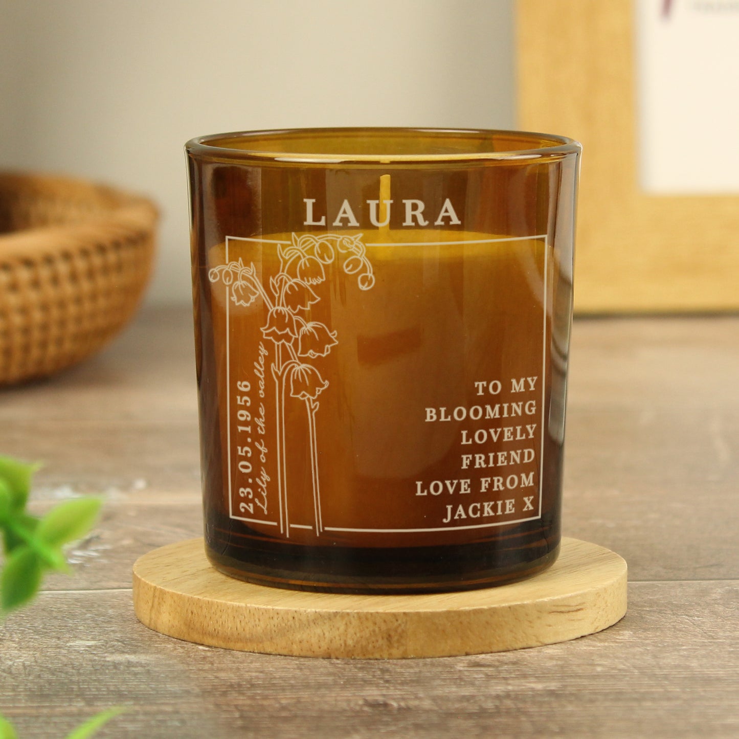 Personalised May Birth Flower Amber Glass Candle