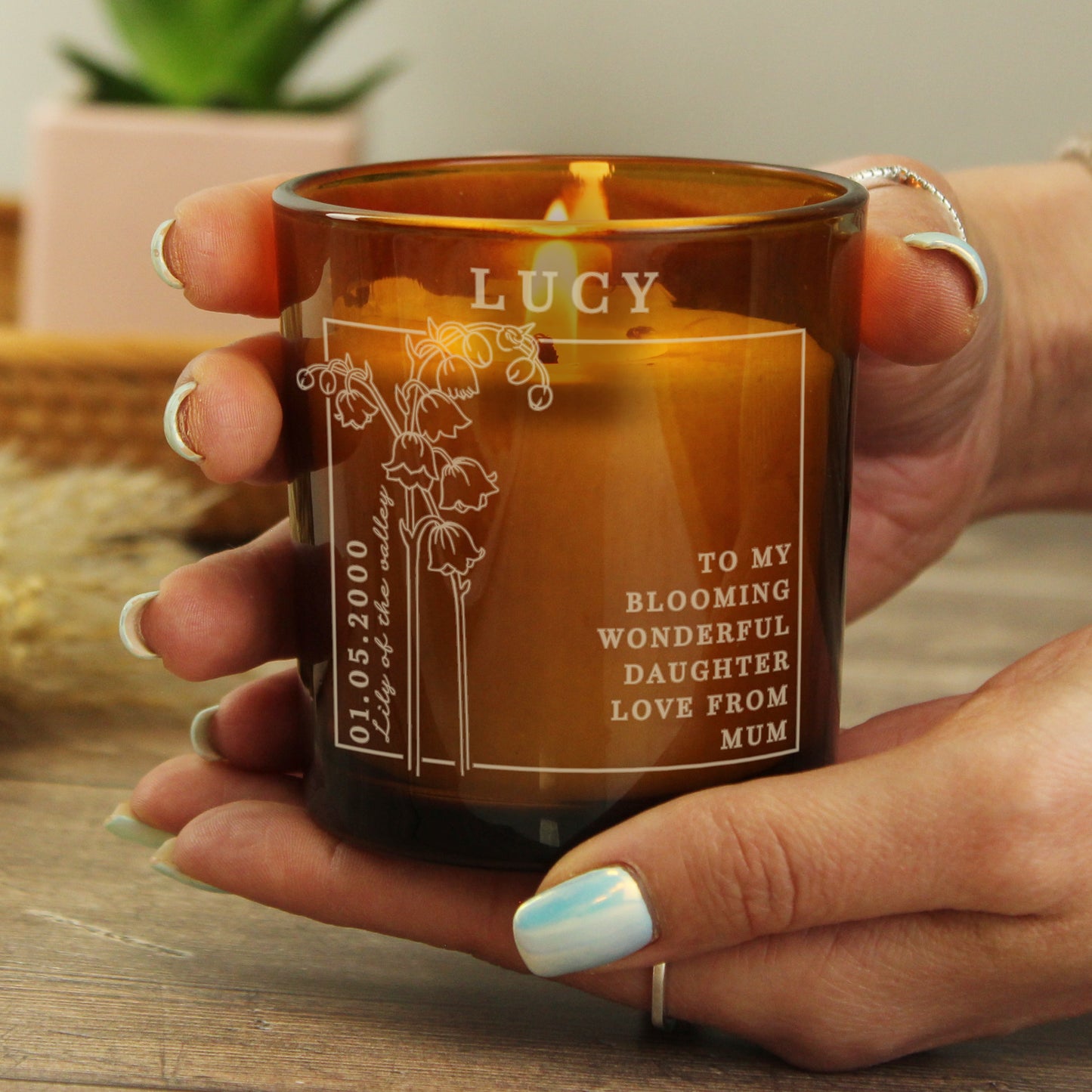 Personalised May Birth Flower Amber Glass Candle