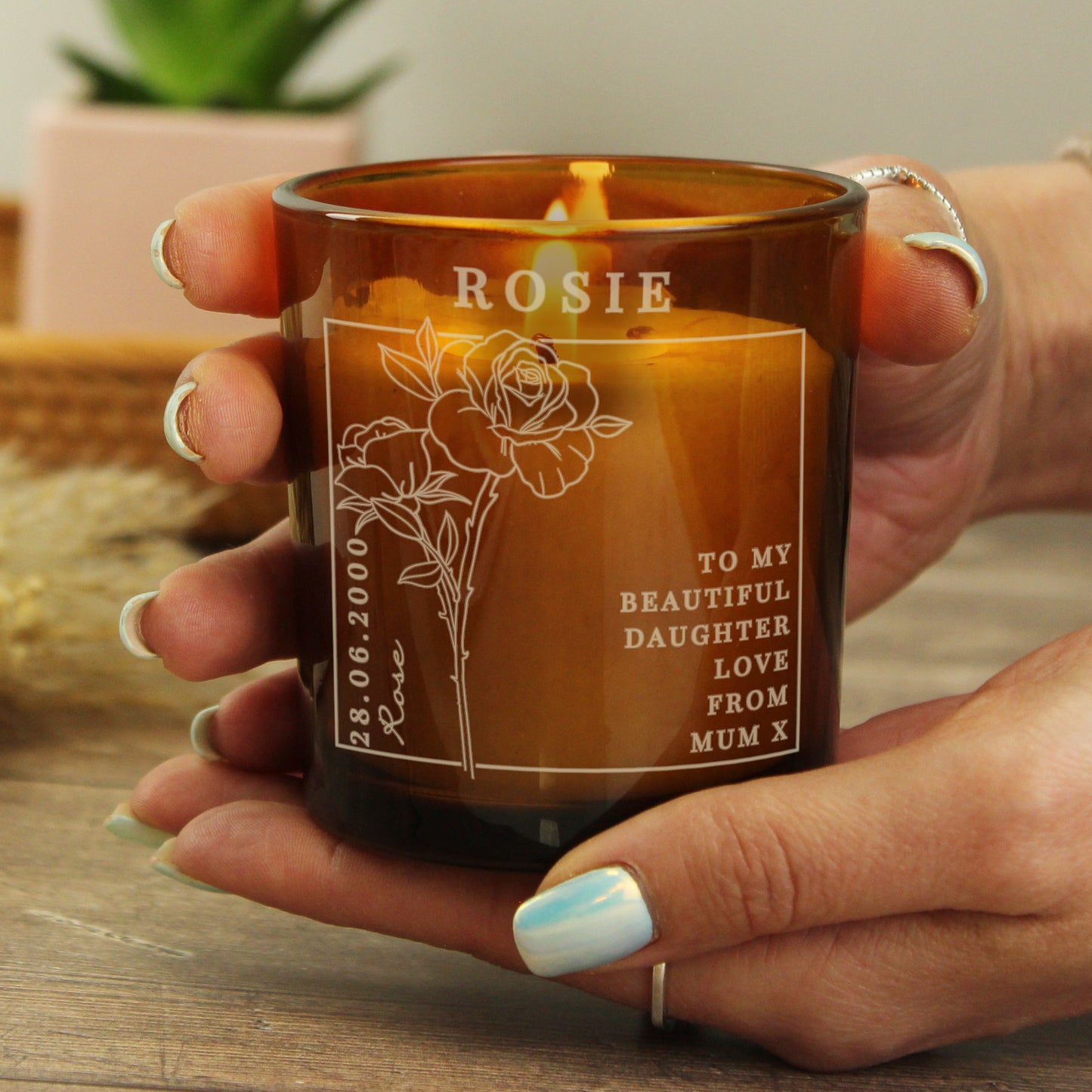 Personalised June Birth Flower Amber Glass Candle