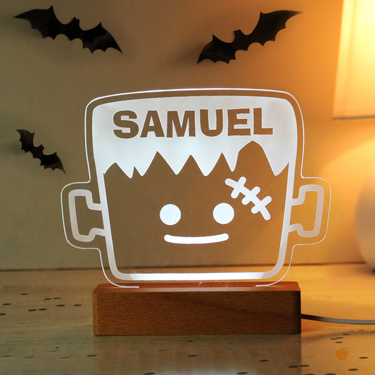 Personalised Frankenstein Wooden LED Light - Halloween-themed LED light with Frankenstein design, featuring customisable personalisation. Wooden construction with LED illumination for spooky ambiance