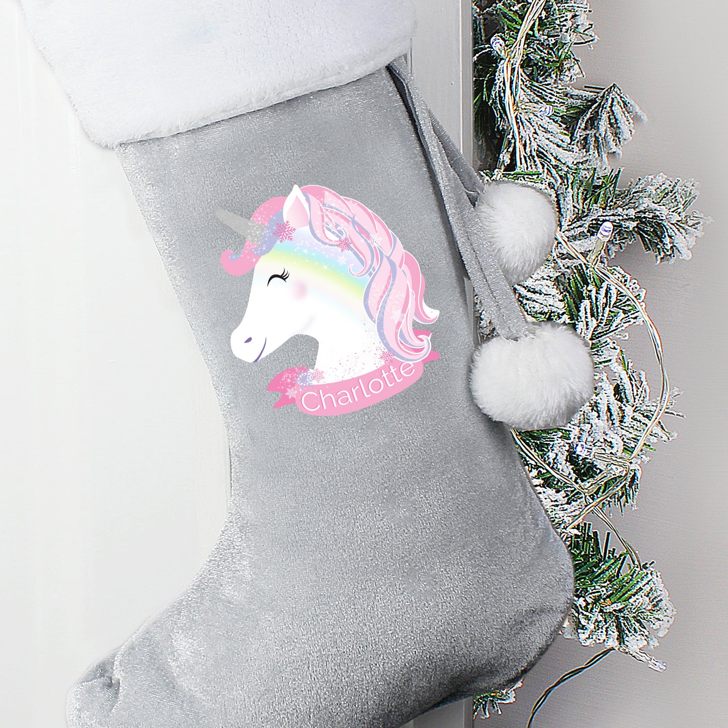 Personalised Christmas Unicorn Luxury Silver Grey Stocking