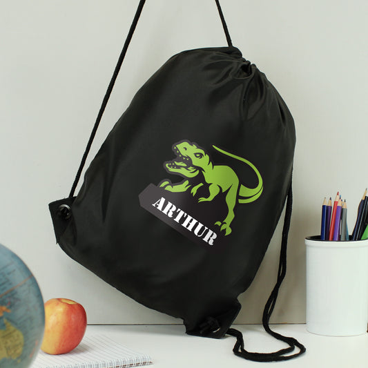 Black drawstring kit bag with dinosaur picture and personalised names 