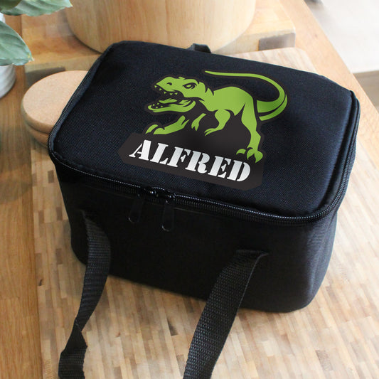 Black lunch bag with picture of t-Rex and personalised with a name