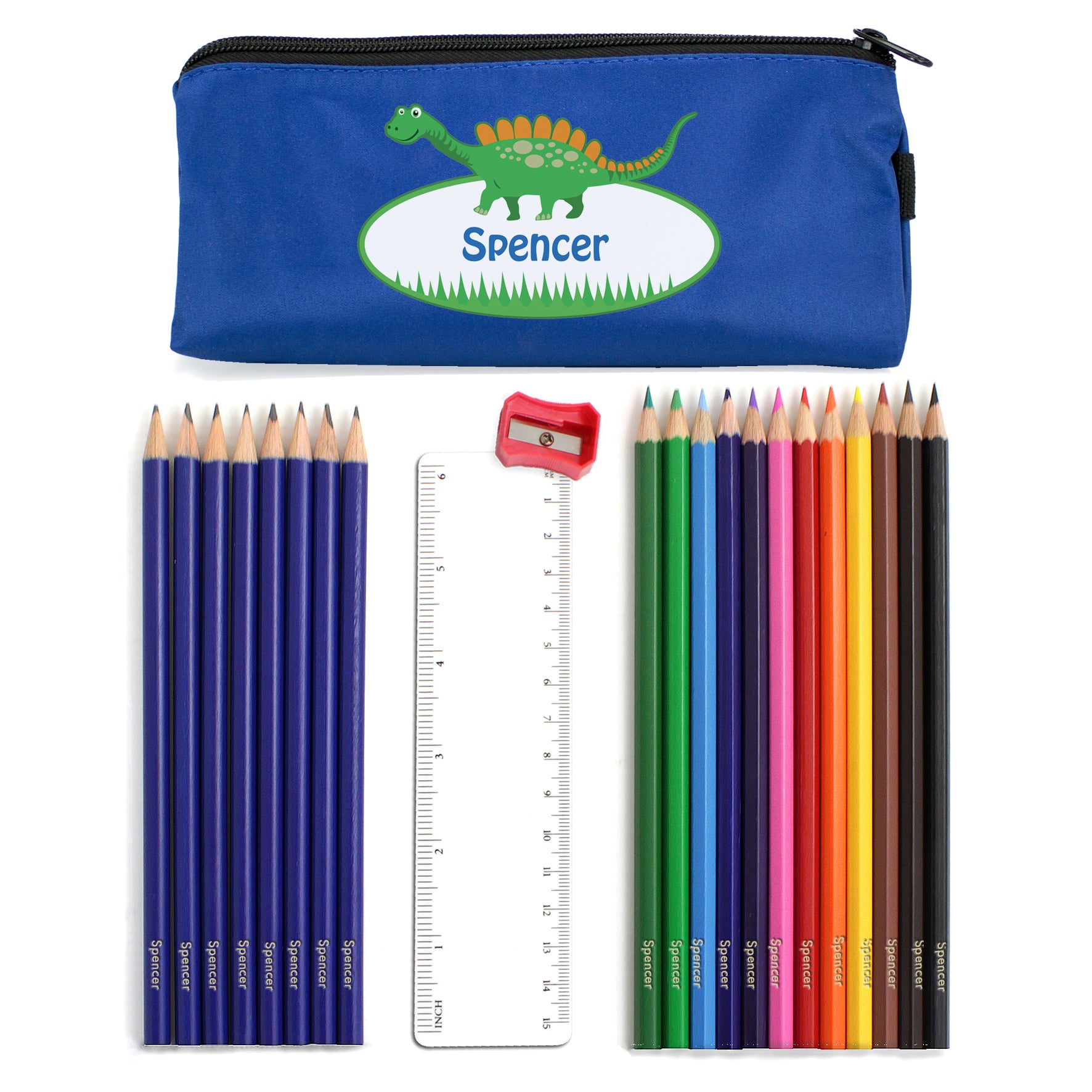 Blue pencil case with picture of dinosaur and personalised with name. Set of coloured pencils personalised with name. 