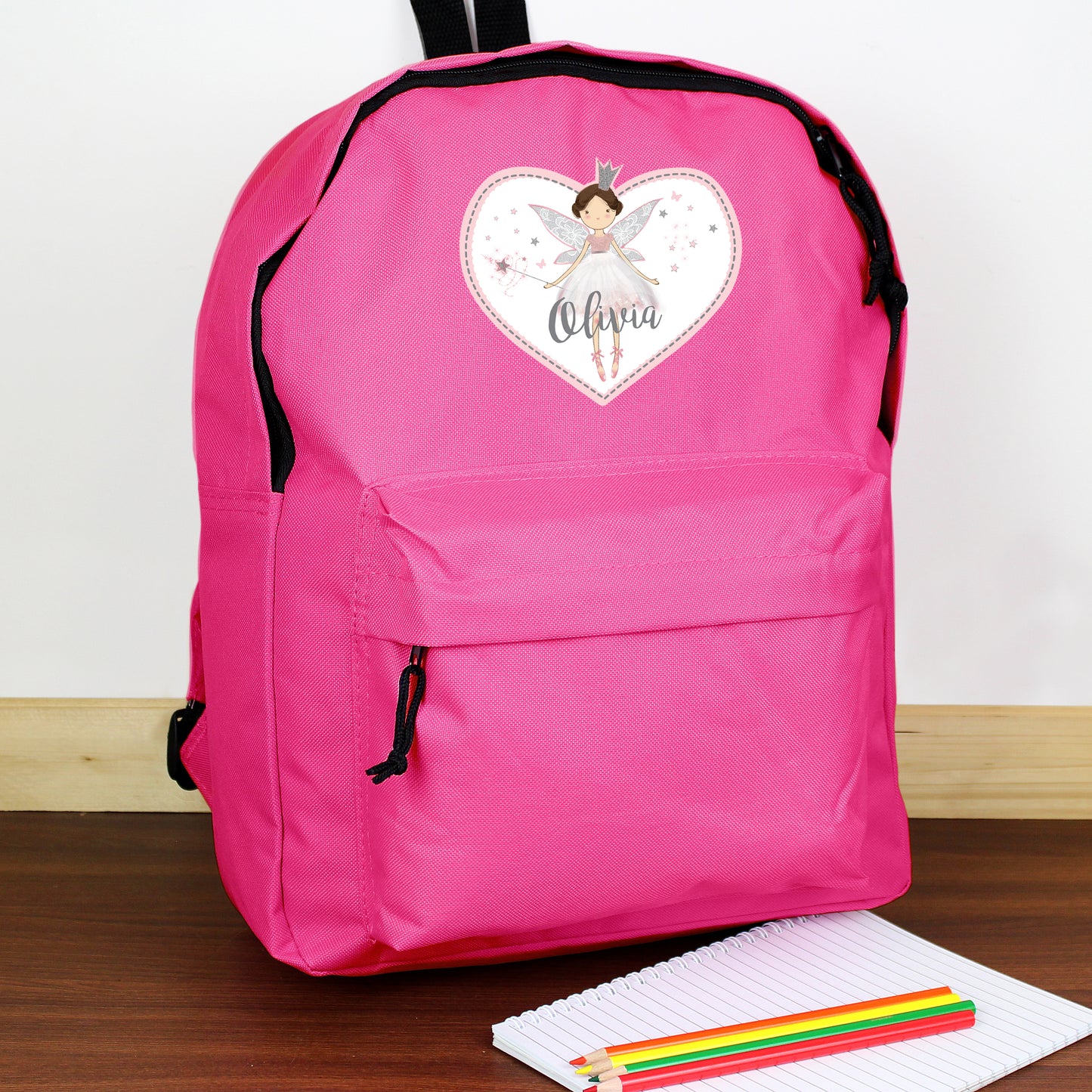 Children’s pink backpack with fairy and personalised with name 