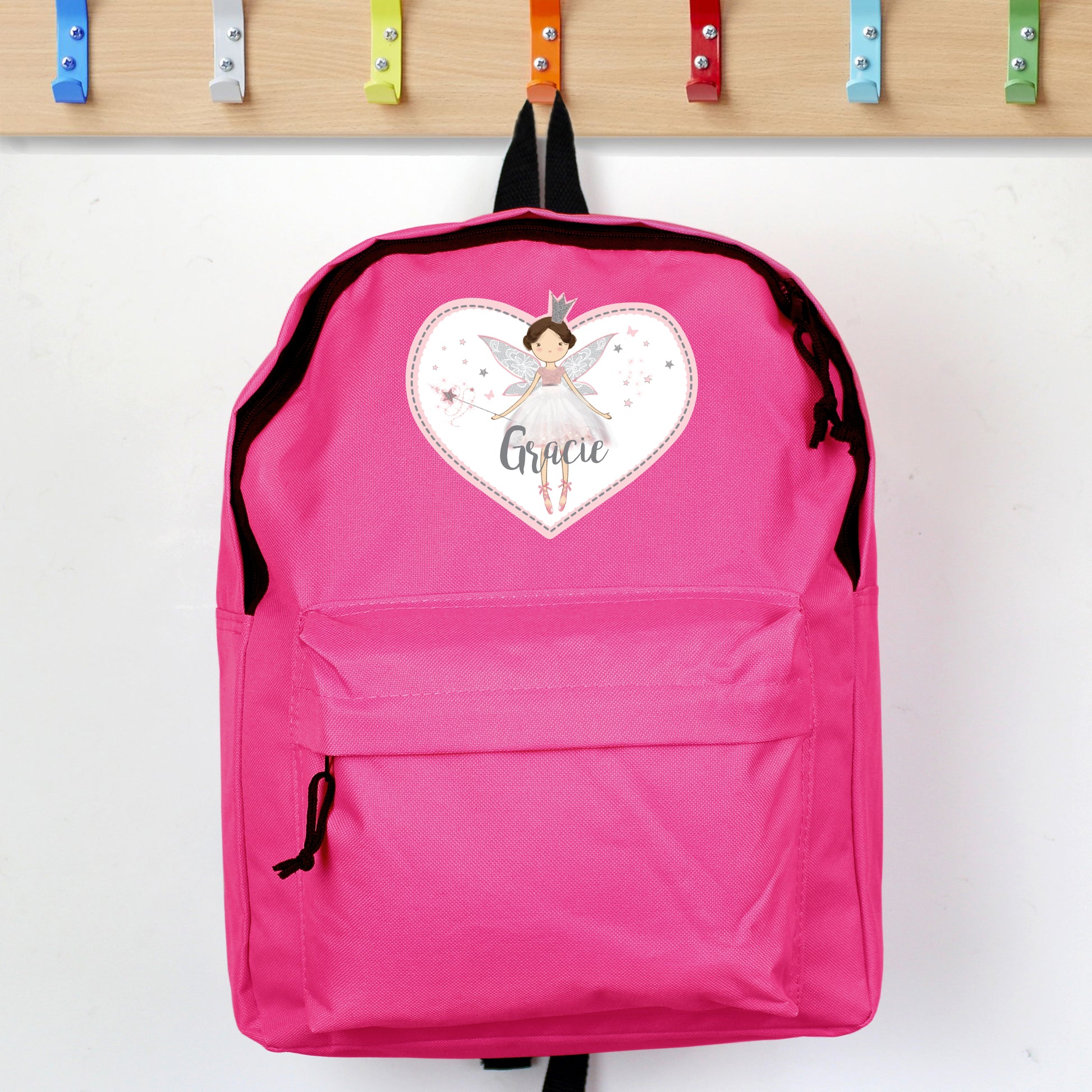 Children’s pink backpack with fairy and personalised with name 