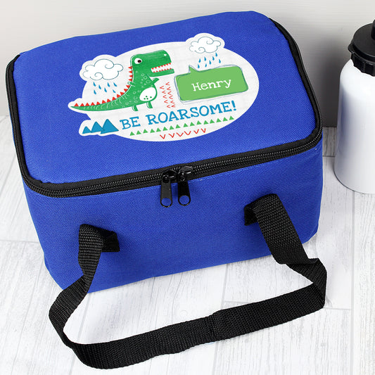 Blue lunch bag with dinosaur picture and personalised with name 