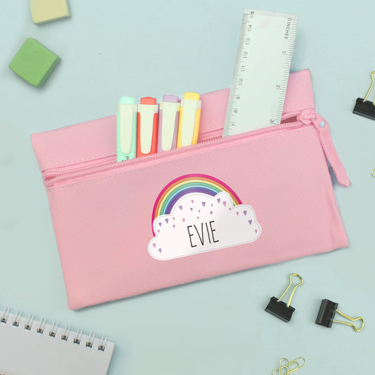 Pink pencil case with rainbow design and personalised with a name