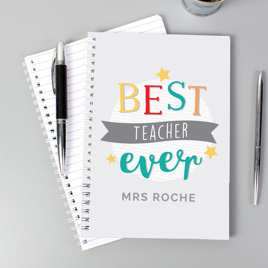 Personalised notebook with words ‘Best Teacher Ever’ and a name 
