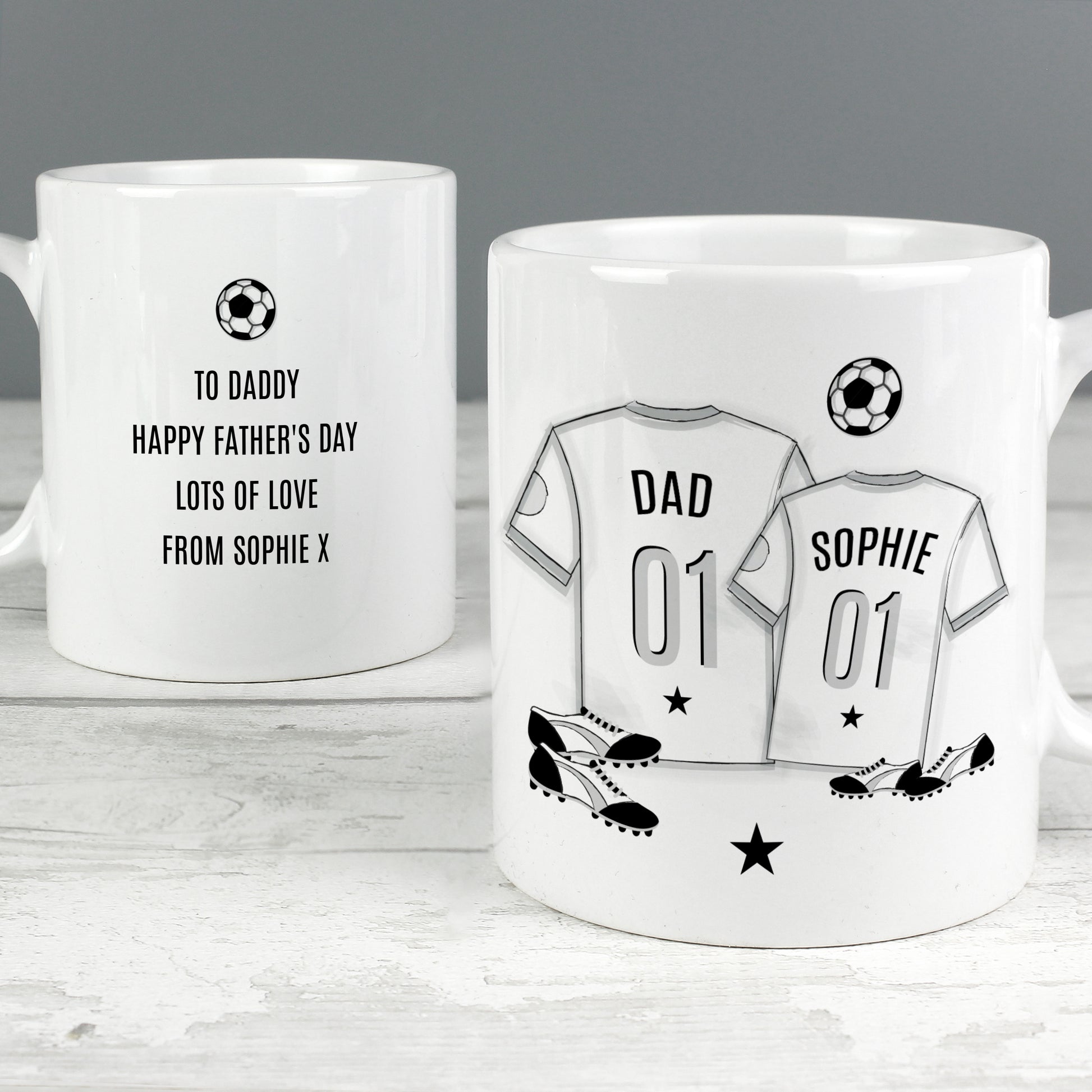 Mug with T-shirt print with personalised name. 1 large T-shirt and 1 small T-shirt with football and football boots in background. Plus another mug showing the alternative side with a personalised message. 