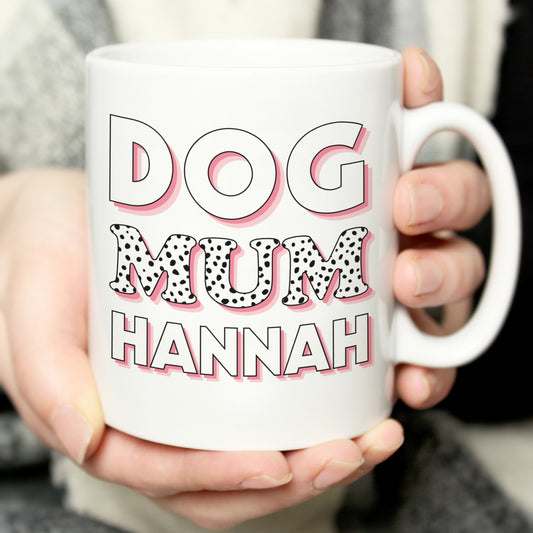 Personalised white and pink mug with words ‘dog mum’