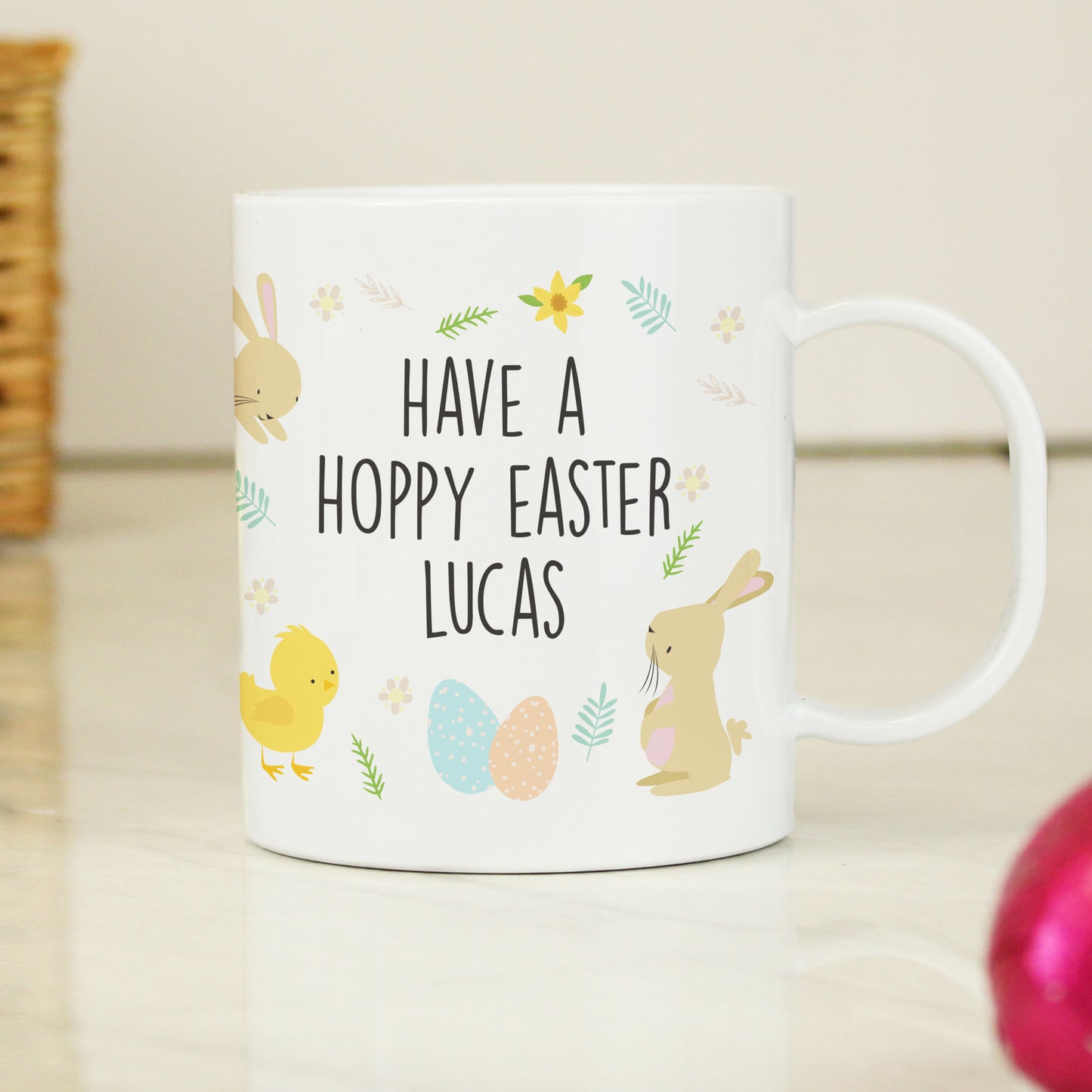 Mug with Easter Egg, bunny, chick and text