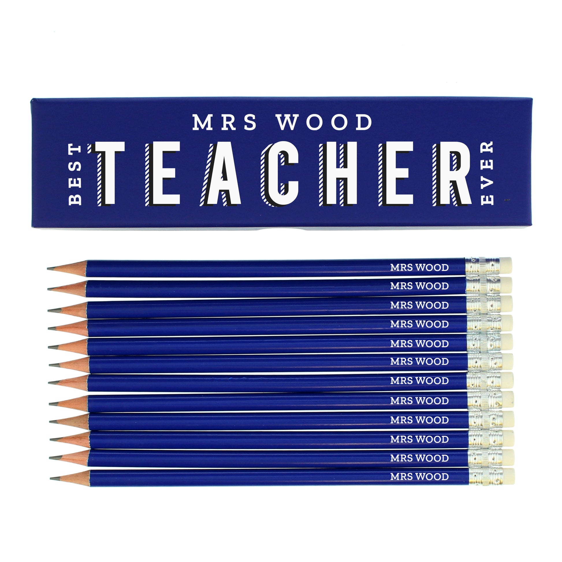 Personalised blue box filled with personalised blue pencils for a teacher