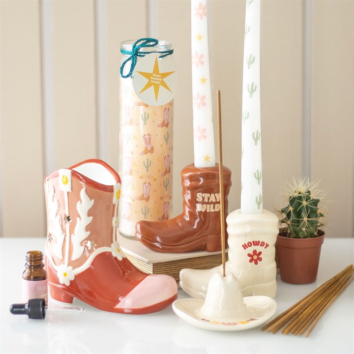 White Cowboy Boot Candle Holder with Taper Candle