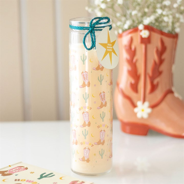 Howdy Cowboy Boot Print Floral Tube Candle