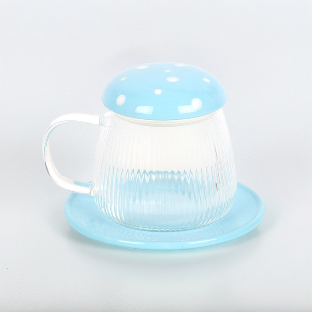 Blue Glass Mushroom Mug and Saucer