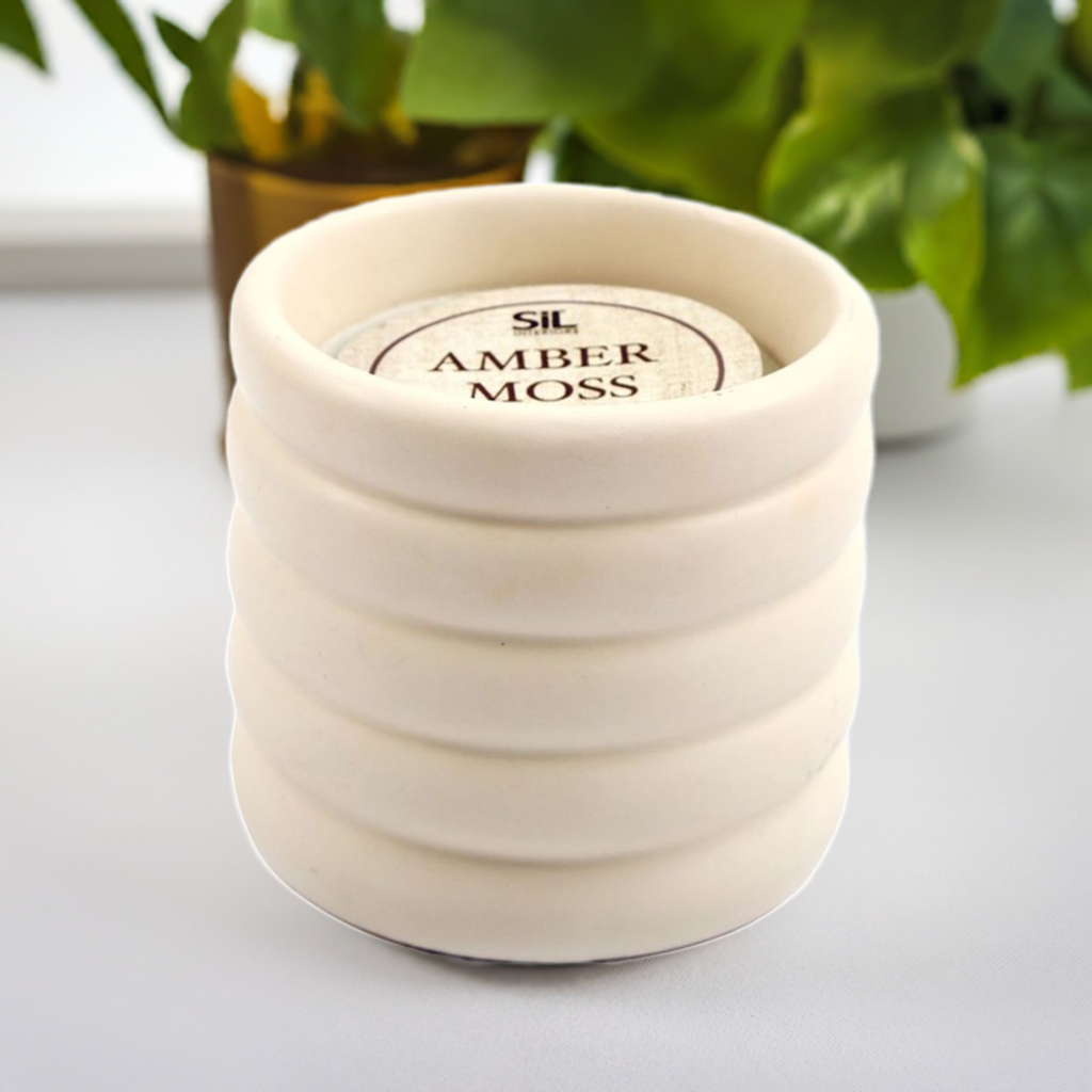 12cm Cream Ribbed Amber Moss Candle