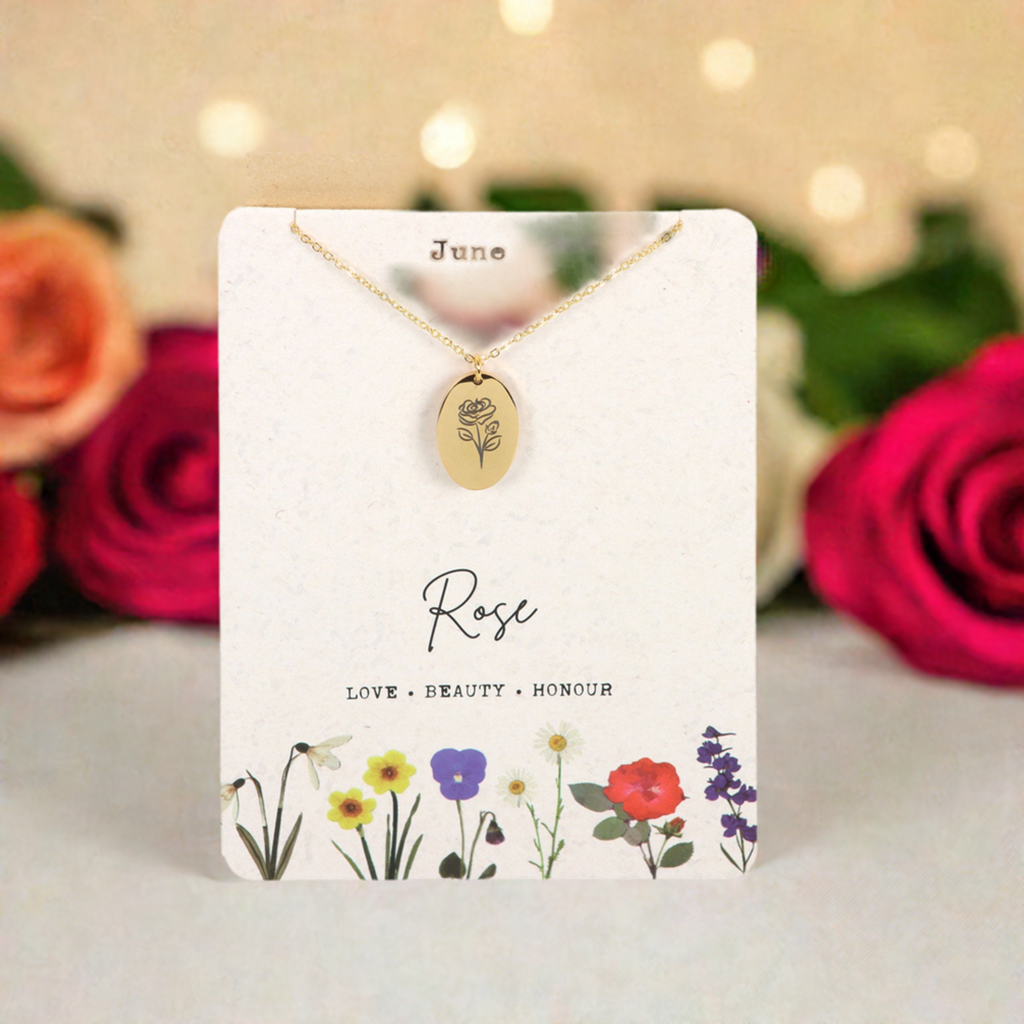 June Rose Birth Flower Necklace Card