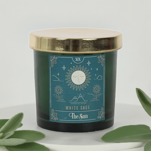 Jar Candle with The Sun Tarot design label and White Sage Fragrance