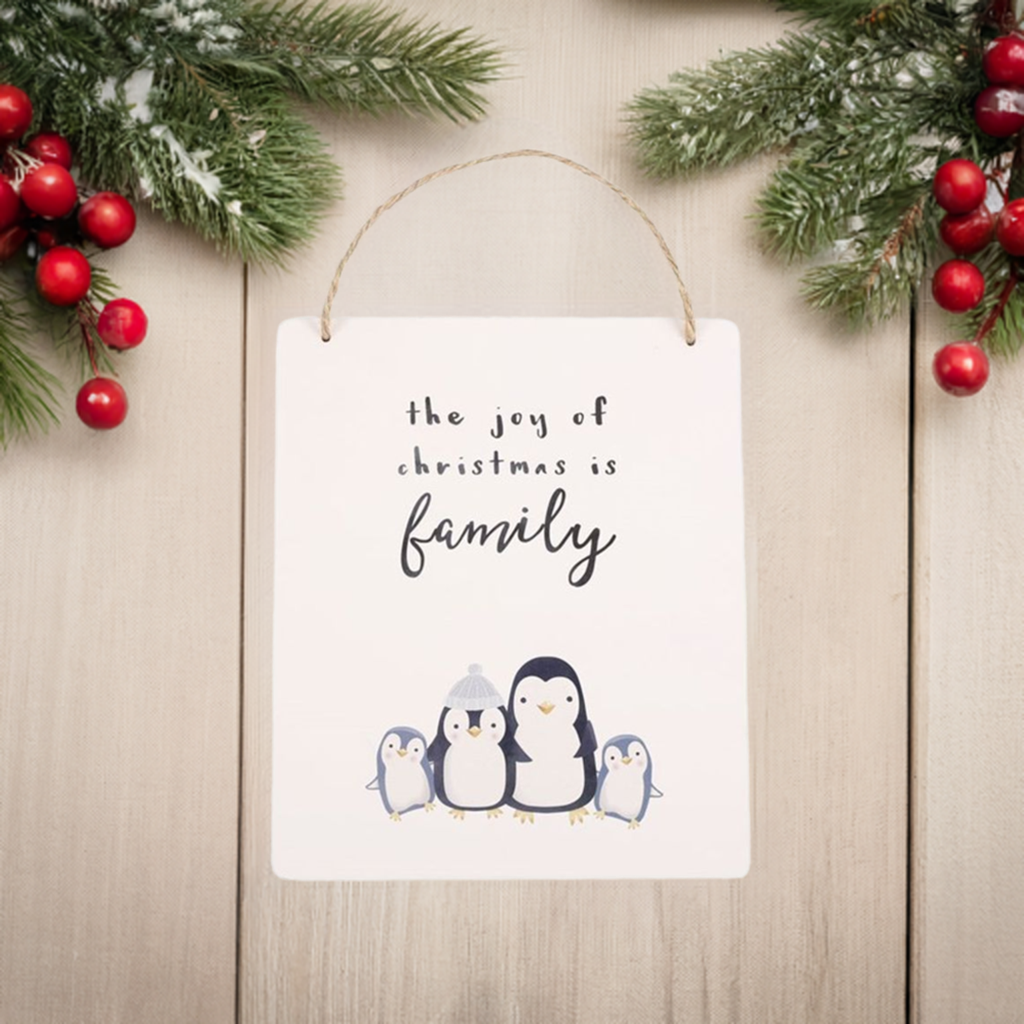 Joy of Christmas Penguin Family Hanging Sign