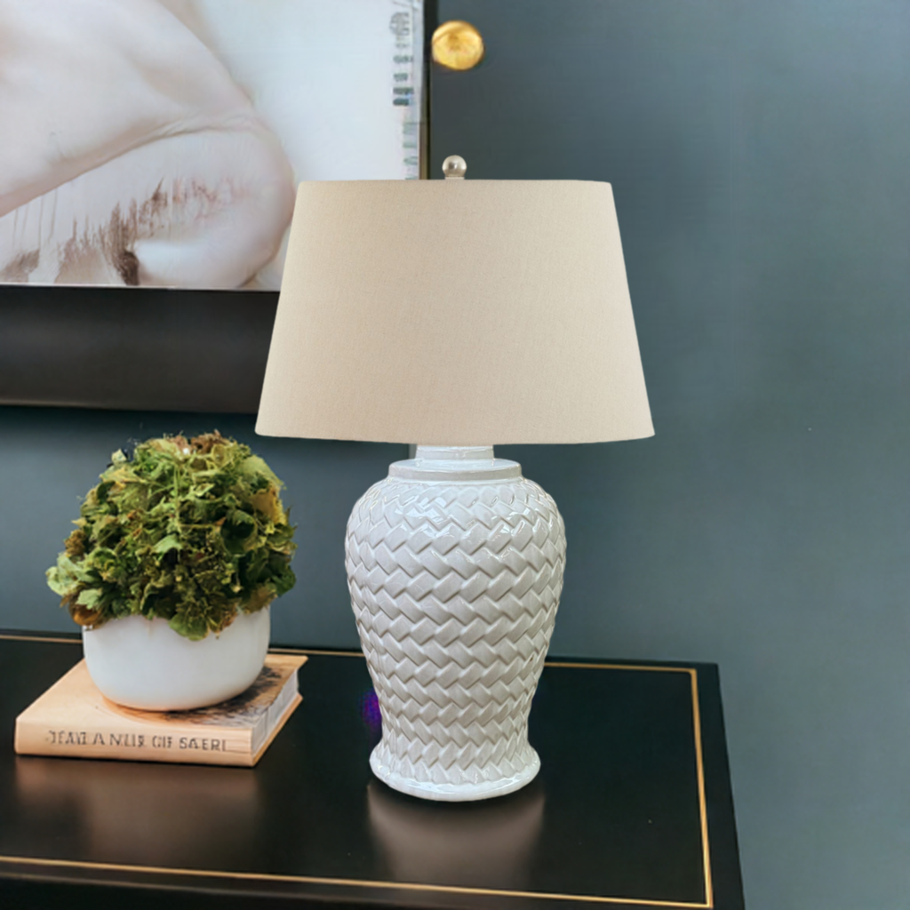 Woven Ceramic Table Lamp With Linen Shade