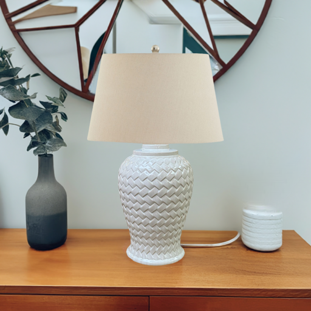 Woven Ceramic Table Lamp With Linen Shade