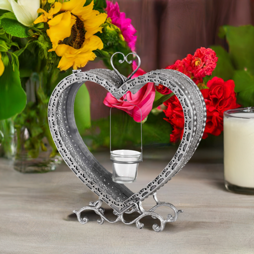 Free Standing Heart Tealight Lantern in Antique Silver